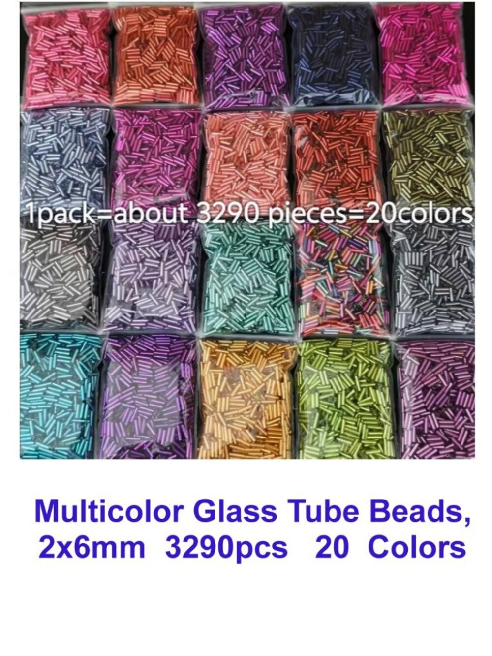 Multicolor Glass Tube Beads,  2x6mm  3290pcs   20  Colors
